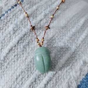 Vintage 90's Hand-Made Egyptian Green Aventurine Scarab Amulet Necklace